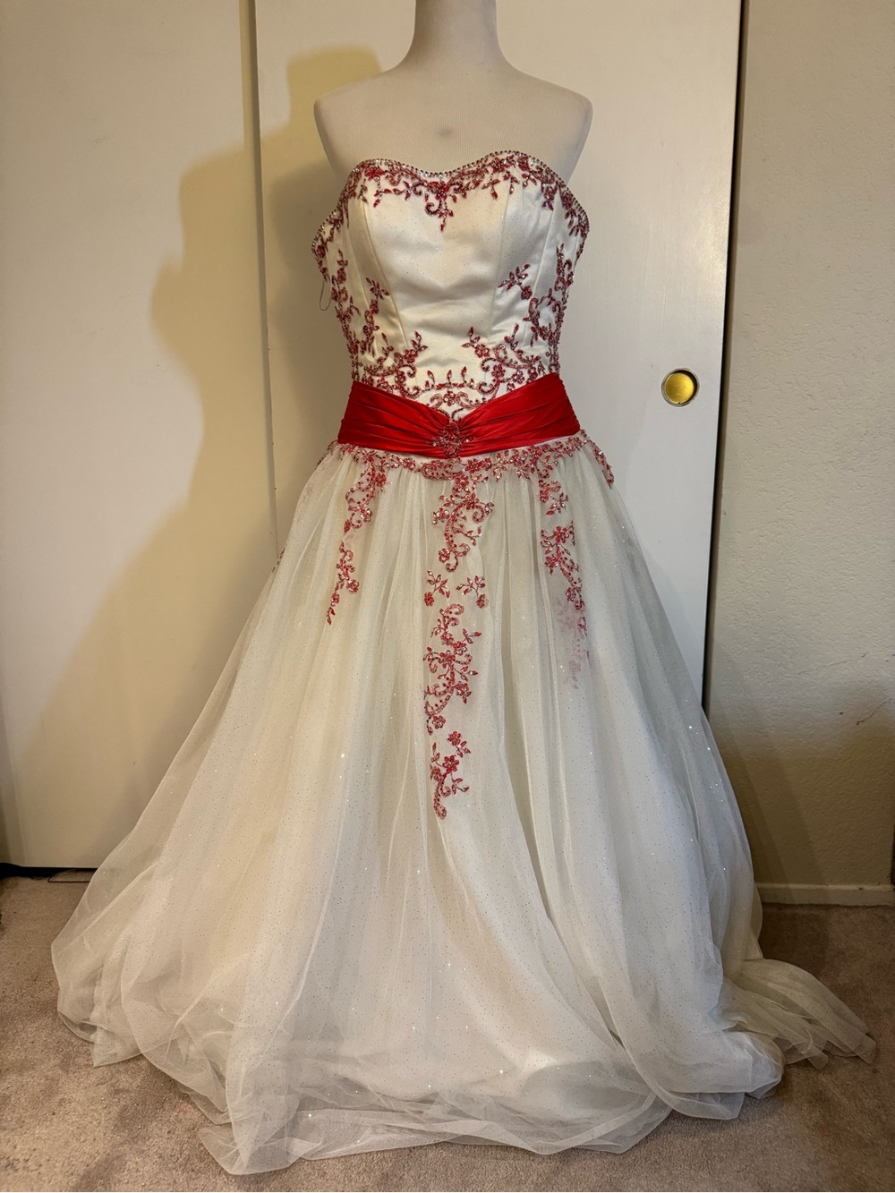 Alyce Designs White Ball Gown with Red Embroidery and Sash Size 6